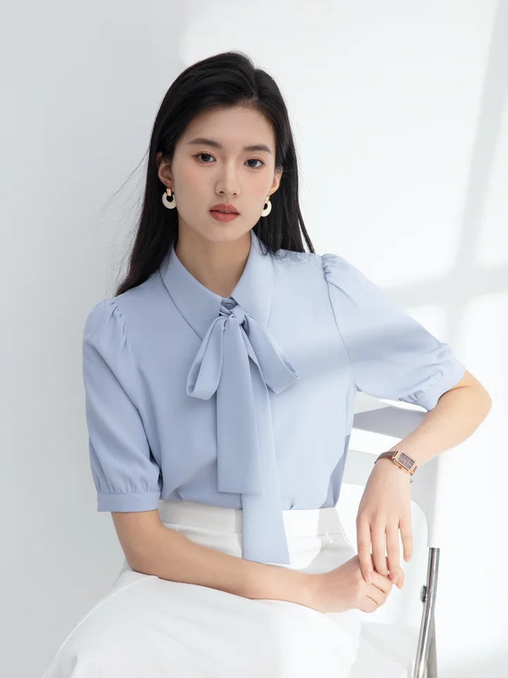 LINGMOON バタフライリボン付き 半袖シャツ【ビジネス・面接用・女性用・ドレープデザイン】