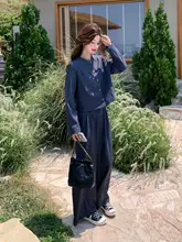 落ち着いた青色の通勤ファッショントップス【体型カバー・ワイドパンツ・非常におしゃれ】（セットアップ対応）