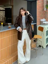ブラウンレザーコート【レディース・韓国風・ヴィンテージ・ルーズフィット・中長丈】
