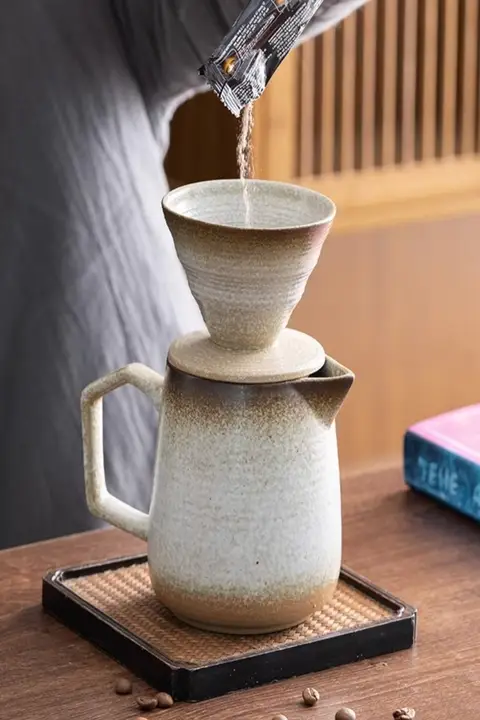 ヴィンテージ風陶器のハンドドリップコーヒーポット【V60フィルター付き・手作り・家庭用】（セットアップ対応）
