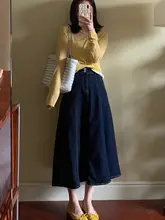 高腰デニム素材のAラインスカート【春夏用・中長丈・エレガントデザイン】