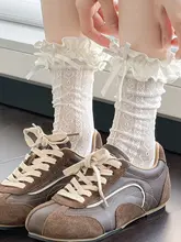 愛らしいハート柄のミルクホワイトの中筒ソックス【春夏用・薄手・フリル付き・カフェブラウン】（セットアップ対応）
