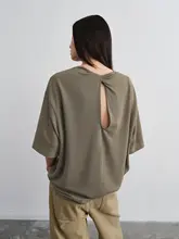 扭結デザインの透かしTシャツ【夏用・女性用・丸首・ゆったり短袖】（セットアップ対応）