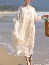 刺繍入りリネン混紡ワンピース【フレンチスタイル・Vネック・夏用・大きなフレア】