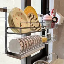 304ステンレス製 キッチン壁掛け式収納ラック【皿干し・水切り機能付き】