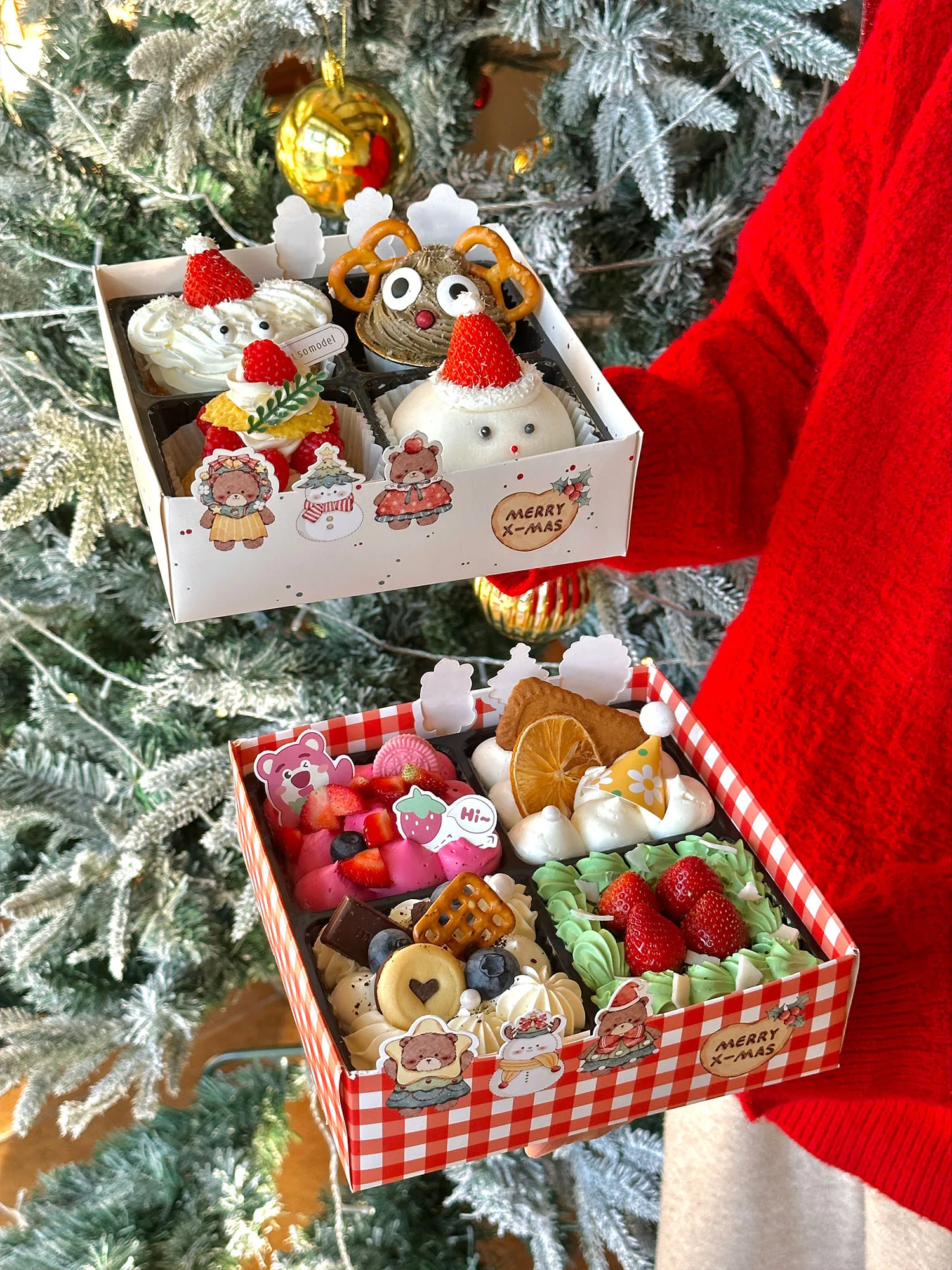 クリスマスケーキボックス四分割デザイン スイーツ用 持ち運び便利