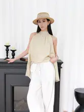 不規則デザインのハイネックトップスと全棉の七分丈パンツ【女性用・リボン付き・カジュアル】（セットアップ対応）