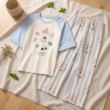猫デザインのコットン製夏用パジャマ【短袖・ロングパンツ・胸パッド付き・外出可】（セットアップ対応）