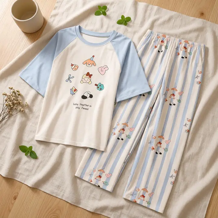 猫デザインのコットン製夏用パジャマ【短袖・ロングパンツ・胸パッド付き・外出可】（セットアップ対応）