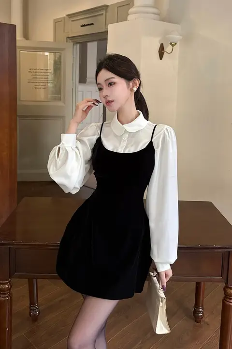 フランス風パフスリーブシャツとキャミソールワンピース【秋冬用・ファッションコーディネート対応】（セットアップ対応）