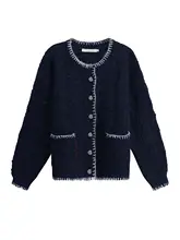 深い青色のクルーネックカーディガン【ゆったりとしたカジュアルスタイル・秋用】