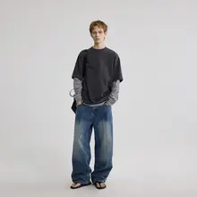 コットン100% 快適で通気性のあるストライプデザインの重ね着風Tシャツ【ラウンドネック・カジュアル】（セットアップ対応）