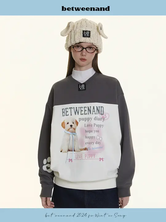 犬プリント Vネック カラーブロック スウェットシャツ【ゆったりシルエット・秋用】