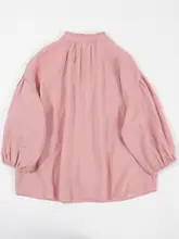 リネン使用 フリルネックのゆったりシャンブレーシャツ【春夏用・レディース・皺感】