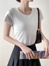 胸パッド付き伸縮性ラウンドネック短袖Tシャツ【レディース・夏用・薄手・コットン・ホワイト】