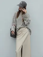 円形フリースのゆったりとした韓国風長袖Tシャツ【春秋用・ストライプデザイン・重ね着対応】