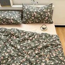 ダブルレイヤーのコットンベッドシーツ【フラワープリント・純綿・掛け布団カバー対応】（セットアップ対応）