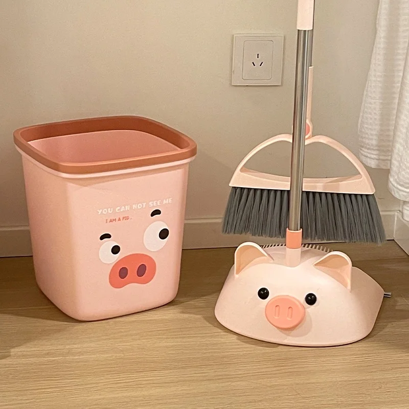 可愛い豚のゴミ箱とほうきちりとり：掃除道具収納に最適な家庭用セットの実用性解析