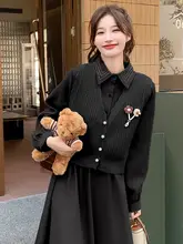 甘く可愛いピンクの長袖シャツドレスとニットカーディガン【  春秋用・華やかデザイン・ロングドレス】（セットアップ対応）