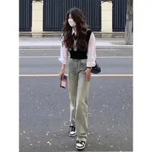 高腰デニムパンツ【春夏用・イエローダイ・細身・ストレッチ・ヴィンテージ風】