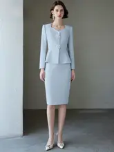 エレガントなブルーカラーの長袖コーディネート【女性用・タイトフィット・ビジネスウェア】（セットアップ対応）
