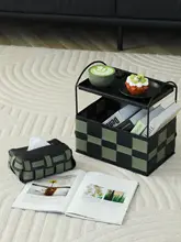 黒緑チェックデザインのデスク収納ボックス【高級感あるアイアン製・レザーインサート】
