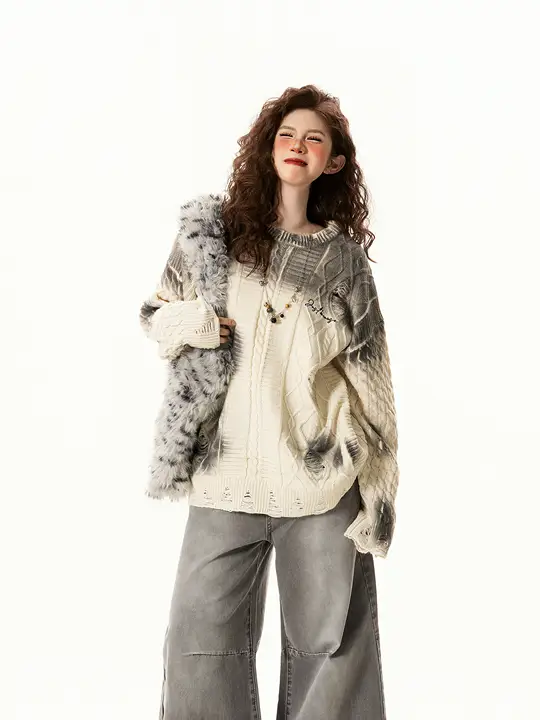 セーター レディース ヴィンテージ グラデーション ぼかし ダメージ加工 ルーズ 着回し カップル 秋冬
