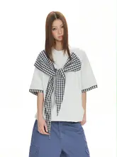 ウエストリボンデザインのゆったりラウンドネック半袖Tシャツ【レトロチェック・カジュアルスタイル】