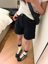 アメリカンヴィンテージ風 深藍色ハイウエストストレートデニムショートパンツ【夏用・ルーズフィット・Aライン】（セットアップ対応）