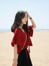 花吉 A041 赤色 半袖 ゆったりフィット クロップドティーシャツ【パフスリーブ・レディース】