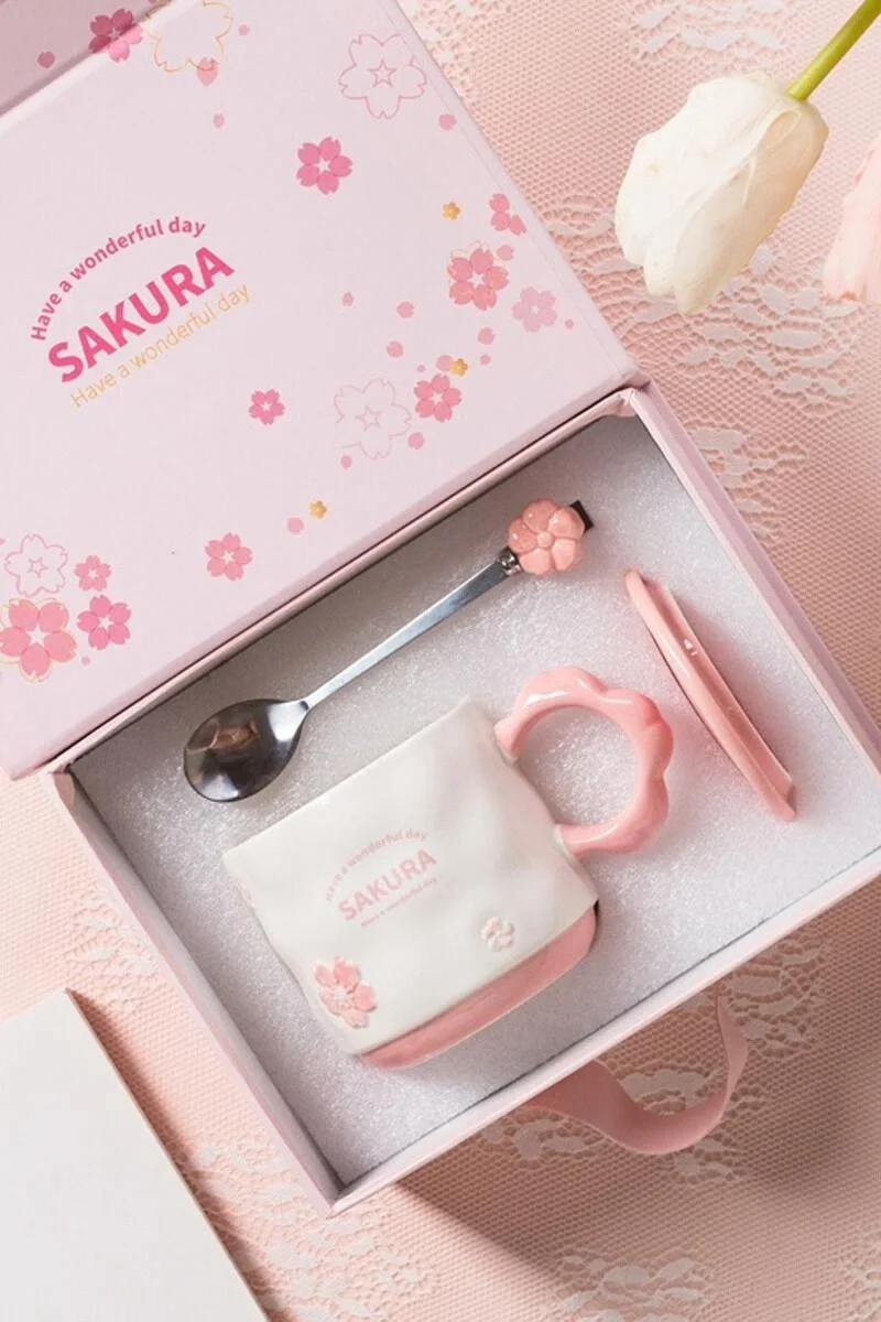 かわいい桜柄セラミックマグカップ【蓋付き・スプーン付き・オフィスや自宅用・ギフトボックス入り】