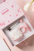 かわいい桜柄セラミックマグカップ【蓋付き・スプーン付き・オフィスや自宅用・ギフトボックス入り】