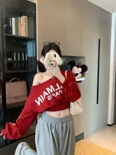 デザイン性あり！アシンメトリー肩のルーズフィット長袖トレーナー【プリント・カジュアル】