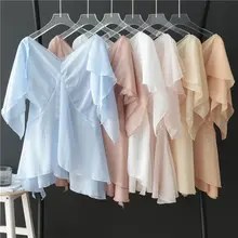 超薄手の透け感あるVネック不規則デザインのチュニック【シフォン・Aライン・ダンス用】
