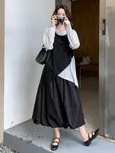 黒白のコントラストが美しい不規則なデザインのタンクトップと長袖トップス、花苞スカート【日系・カジュアルスタイル】（セットアップ対応）