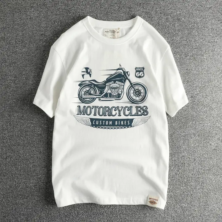 バイクプリント半袖Tシャツ【コットン・レトロデザイン・メンズ】