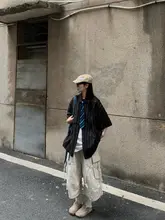 大口ポケット付きルーズフィット七分丈パンツ【水洗い加工・男女兼用・ストリートスタ  イル】（セットアップ対応）