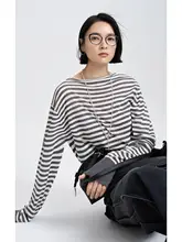 ストライプ柄長袖Tシャツ【天丝リネン混紡・ゆったりシルエット・ラウンドネック】