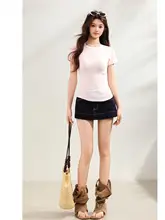 レトロ風 ディープブルーカラー デニムショートパンツ【大人可愛い・包臀スカートパンツ・小柄向け】（セットアップ対応）