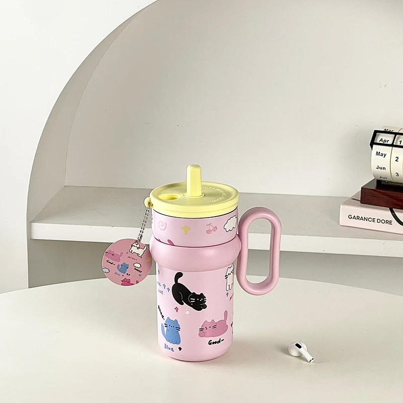 ストロー付き水筒 540ml 316ステンレス カートンデザインの子供向け保温カップ
