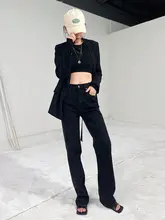高腰ストレートデニムパンツ【ブラック・ロングレッグ・スリムフィット・春秋用】