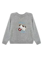 刺繍入り小犬デザイングレーラウンドネックニットセーター【冬用・極上の柔らかさ・ゆったりシルエット】