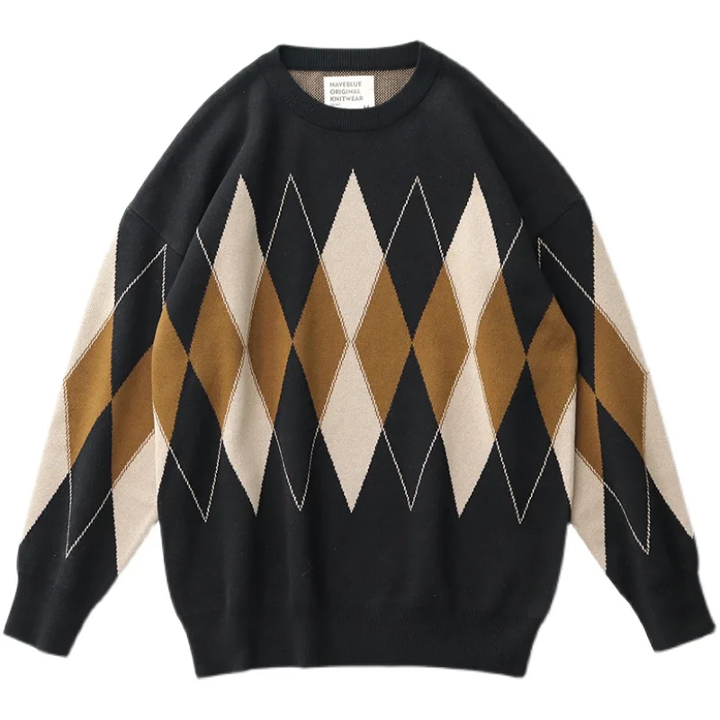 肌触りの良いニットカーディガン【落ち感・ダイヤ柄】：メンズ向けの日系复古スタイルを実現