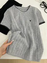 学院風の透かし編みニットTシャツ【夏用・ハート刺繍・コントラストカラー・ラウンドネック・インナー対応】