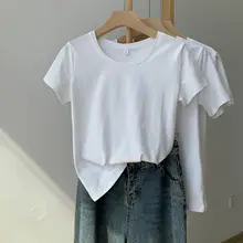 白色コットン製フィットTシャツ【ショートスリーブ・低めのネックライン・シンプルスタイル】