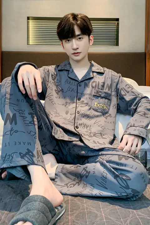 猫デザイン メンズ 長袖パジャマ【純綿・春秋用・開襟カーディガン・ホームウェア】