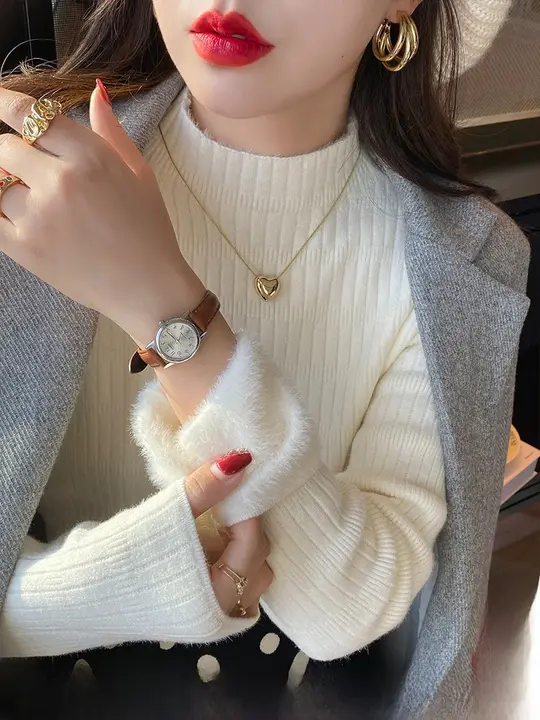 冬用 厚手ニットセーター【ハイネック・裏起毛・ホワイト】