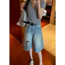 夏用のクールなストリートスタイル！毛辺りデザインの破れたワイドデニムショートパンツ（セットアップ対応）