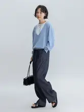 ウエスト調整可能なおしゃれなカジュアルパンツ【極簡デザイン・ワイドレッグ・デニムブルー】（セットアップ対応）