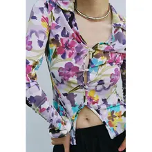 デザインカラフルフラワーロングスリーブシャツ【フィット感・立体袖口】